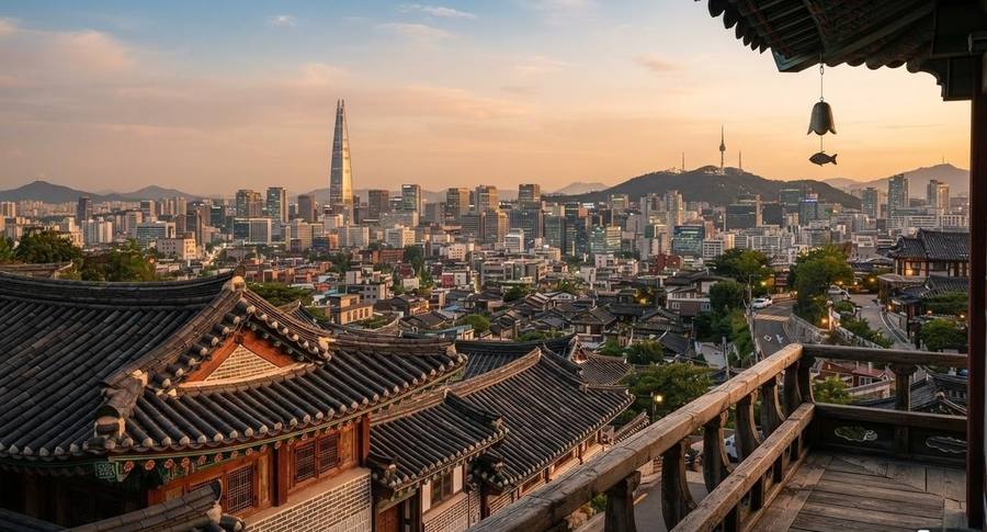 Seoul seen beyond hanok roofs at dusk